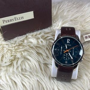 NWT Perry Ellis Chronograph Genuine Leather Band Mens Watch.